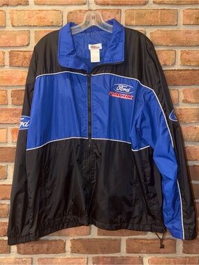 Vintage Ford Racing Windbreaker Jacket Black Blue Embroidered XL